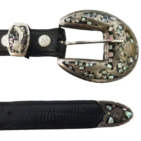 AL BERES Lizard emboss leather belt w Western MOP inlay buckle sz 26